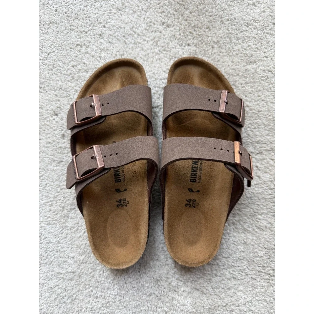 Birkenstock Arizona Sandals 34 L3 Mocha Brown Birko-Flor Two Strap Slides